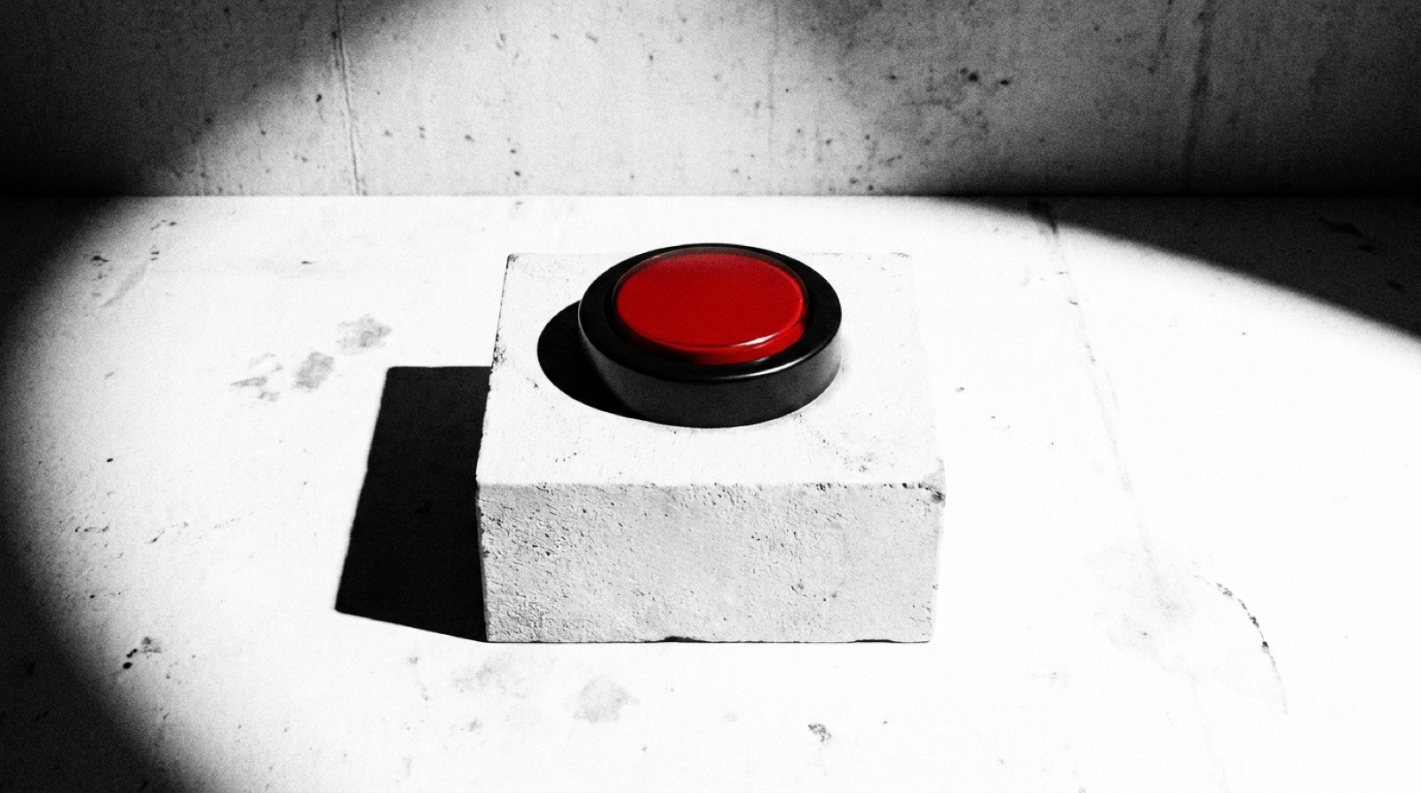 A single glossy red button on a bare white desk under harsh studio light
